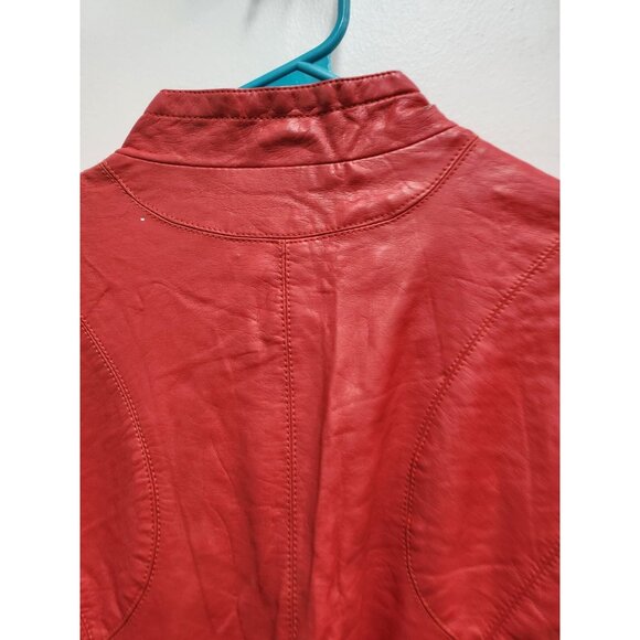 DKNY Womens Moto Jacket Large Red Faux Leather Zip Front Biker Chick Streetwear - Picture 7 of 7